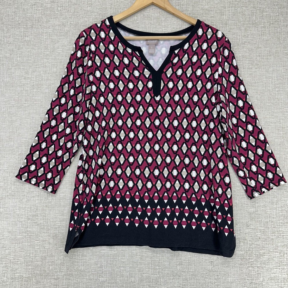 Chico's Blouse Womens 1 (M/8) Pink Geo Print V-Neck 3/4 Sleeve Tunic Top